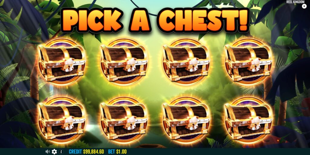 The chest selection screen before the Jumbo Safari Free Spins begin, determining the Stacked Symbol.
