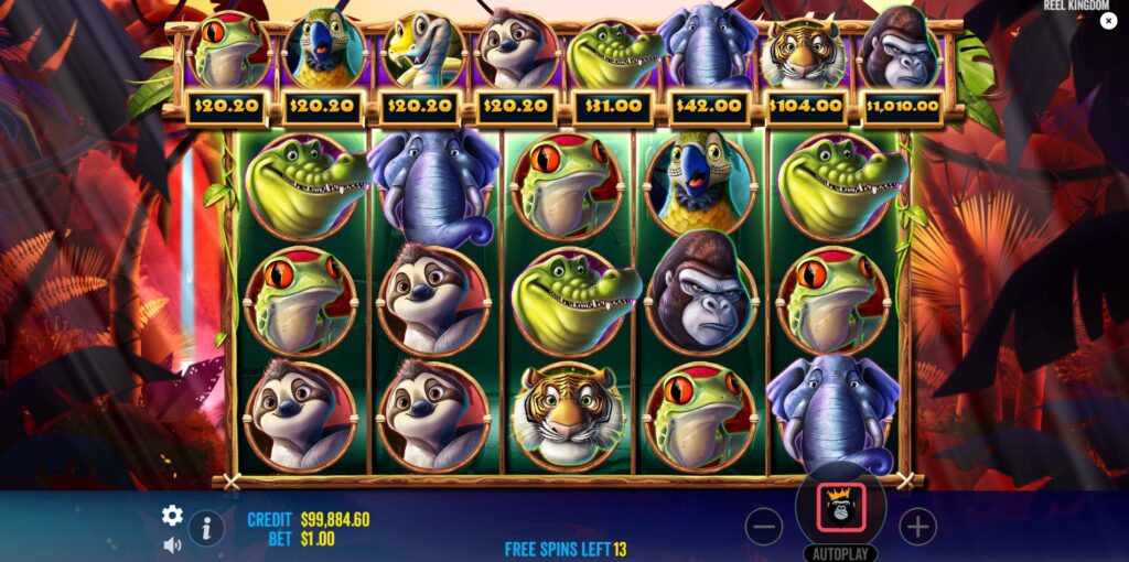 Jumbo Safari Free Spins round interface with Animal Money Award meters above and the chosen Stacked Symbol on reels.