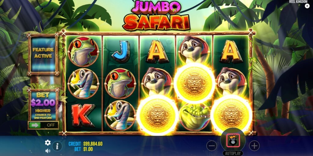 Three or more golden Scatter symbols landing to trigger the Free Spins feature in Jumbo Safari.