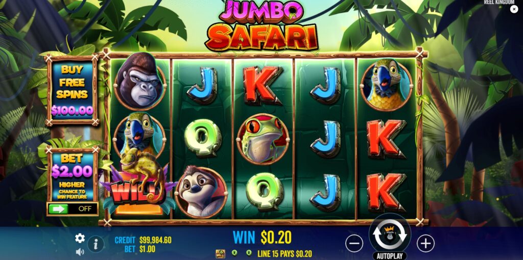Chameleon Wild symbol substituting in a winning combination on the Jumbo Safari slot reels.