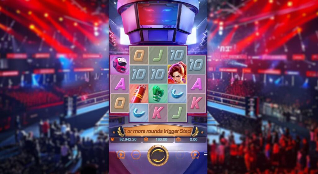 Main game interface of Knockout Riches slot showing the initial 3-4-4-4-3 reel layout and boxing theme visuals.