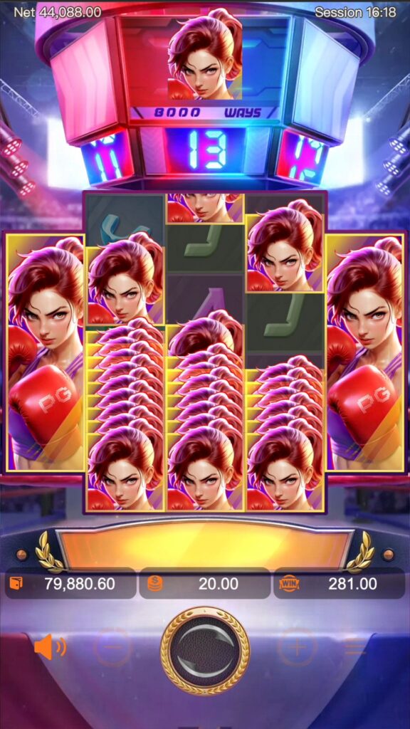Gameplay inside the Knockout Riches Free Spins round, potentially showing accumulated (non-resetting) stack counters above the central reels.