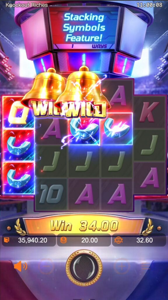 Stacking Symbols feature activating in Knockout Riches slot, displaying initial counters above reels 2, 3, and 4 after 3+ cascades.