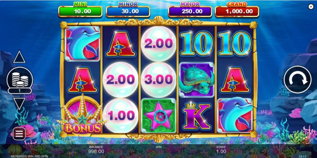 Mermaids Win and Spin slot base game screen with 5x3 reel layout