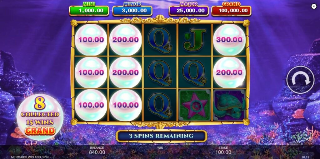 Win & Spin Bonus round in progress showing locked Pearl symbols and jackpots