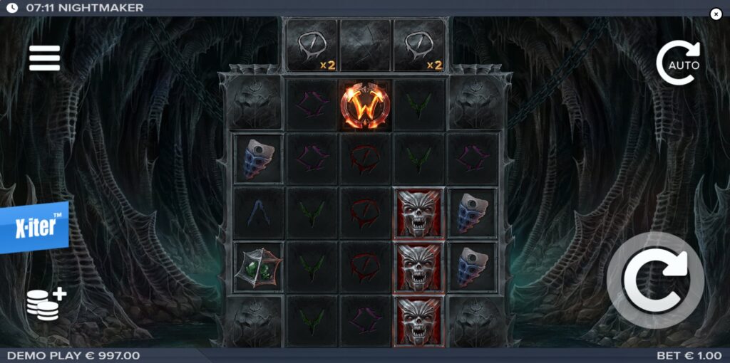 Nightmaker slot base game grid showing the 5x5 layout, Feature Row, and dark theme.