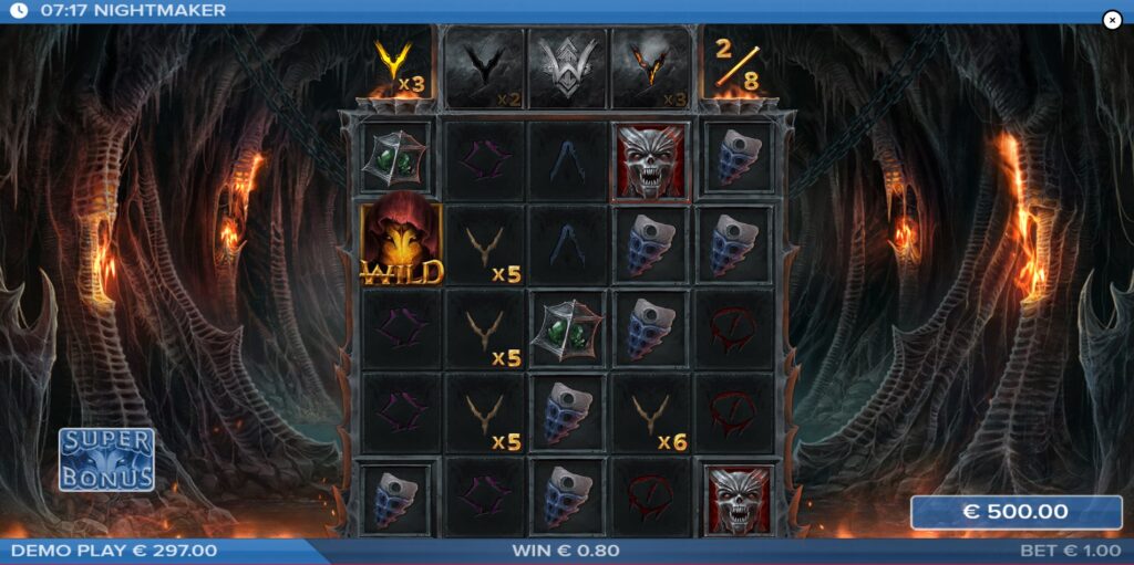 Nightmaker Super Bonus game in action featuring the active Jumping Wild symbol moving across the grid.