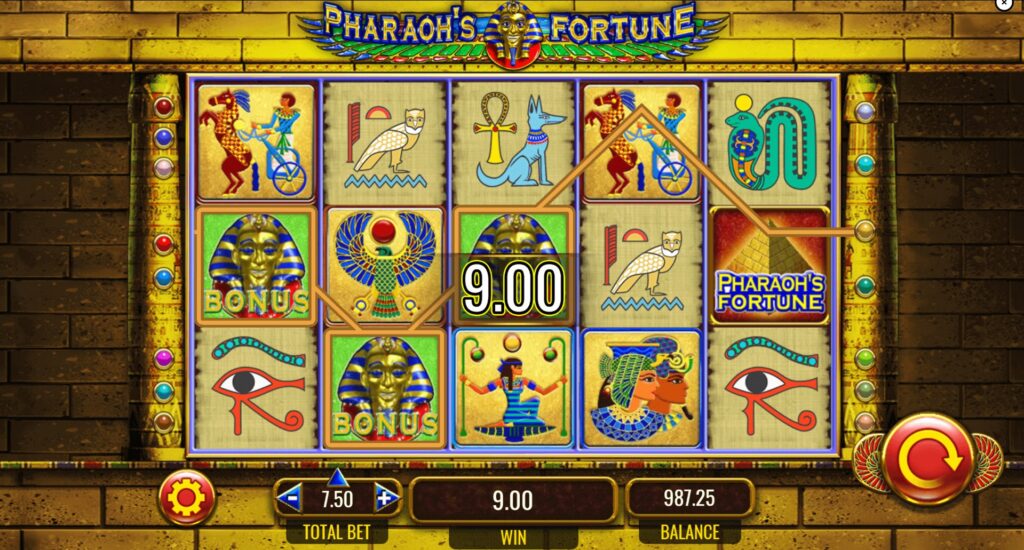 Three Green Pharaoh head symbols triggering the Free Spins bonus on reels 1, 2, and 3 in Pharaoh's Fortune.