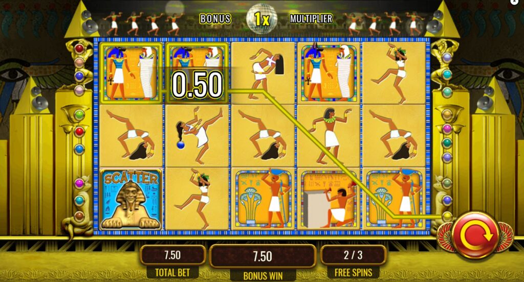 Gameplay during the Pharaoh's Fortune Free Spins bonus featuring unique dancing symbols and 20 paylines.