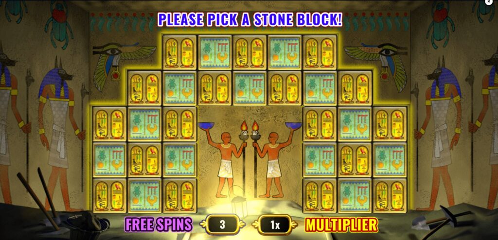 The interactive Pick-a-Block bonus screen in Pharaoh's Fortune where players select panels.