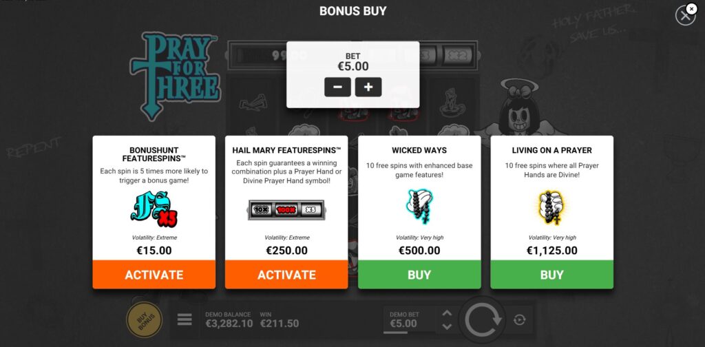 The Bonus Buy menu in Pray for Three slot, showing options like Bonushunt, Hail Mary, Wicked Ways, and Living on a Prayer.