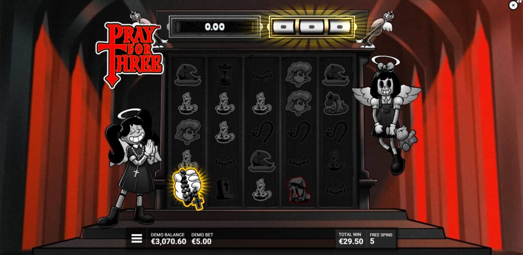 Gameplay during Living on a Prayer Free Spins in Pray for Three, highlighting the Divine Prayer Hand feature.