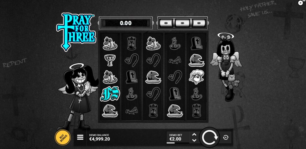 Pray for Three slot base game view displaying the 5x5 grid, retro symbols, and flanking angel characters.