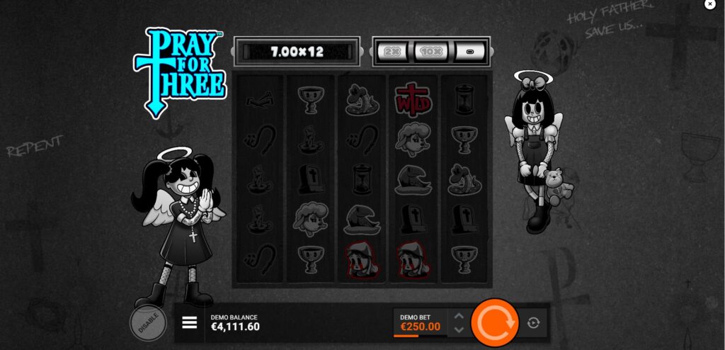 The Wheel of Sin feature activated in Pray for Three slot, displaying various adding and multiplying multipliers.