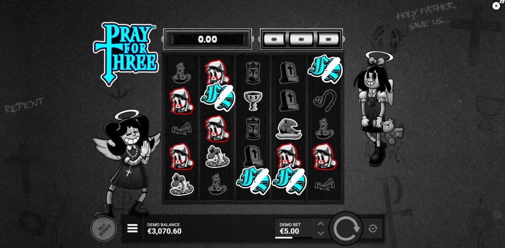 Trigger screen for the Living on a Prayer Free Spins bonus round in Pray for Three slot.