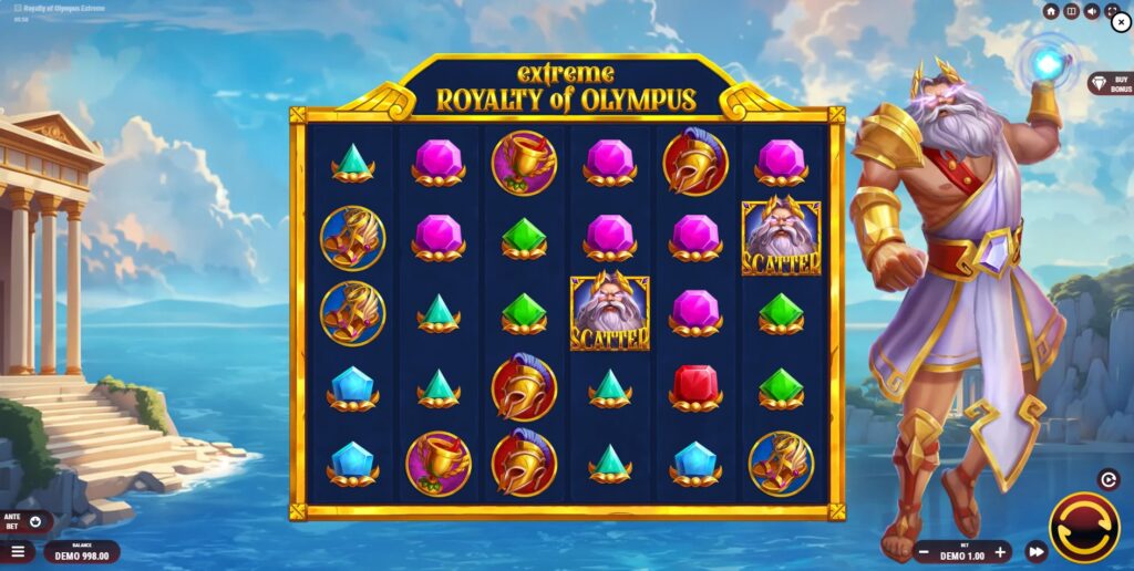 Royalty of Olympus Extreme slot base game grid layout by Barbara Bang with 6x5 reels and Greek mythology theme.
