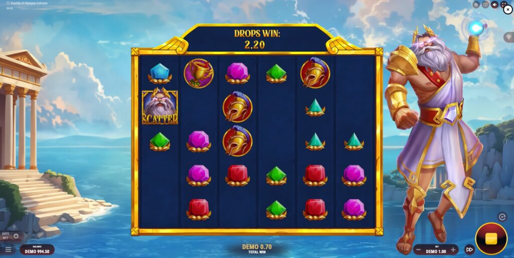 he Drops feature in action in Royalty of Olympus Extreme, showing winning symbols disappear and new symbols cascade down.