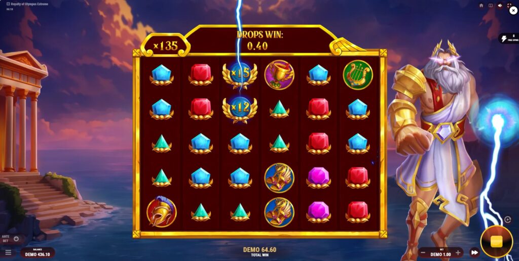 Gameplay inside the Royalty of Olympus Extreme Free Spins round, with the active Multiplier Bar displayed.