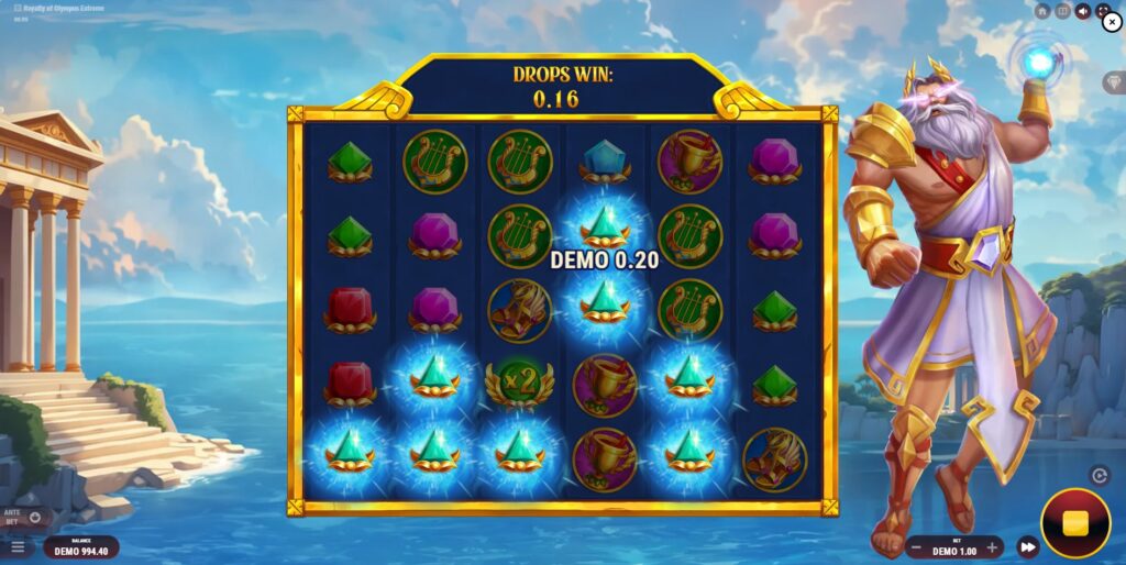 A Multiplier symbol landed on the reels of Royalty of Olympus Extreme slot, showing a potential win boost.