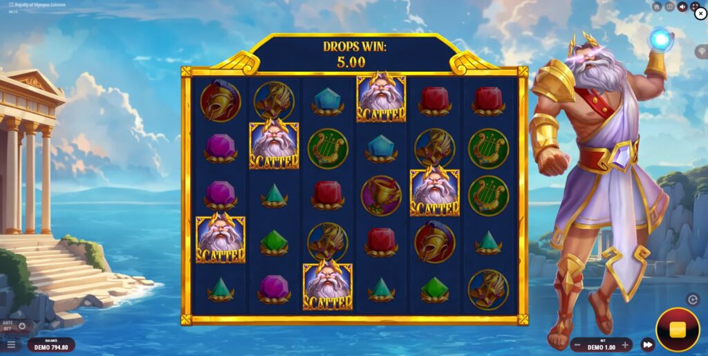 4+ Scatter symbols (Zeus) landing on the Royalty of Olympus Extreme grid to trigger the Free Spins bonus.