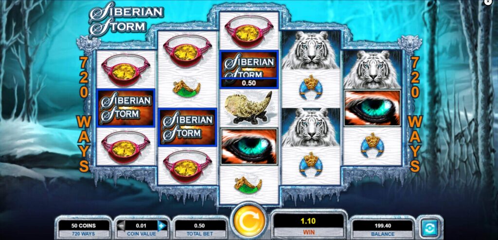 Example of a MultiWay Xtra win calculation in the Siberian Storm slot game.