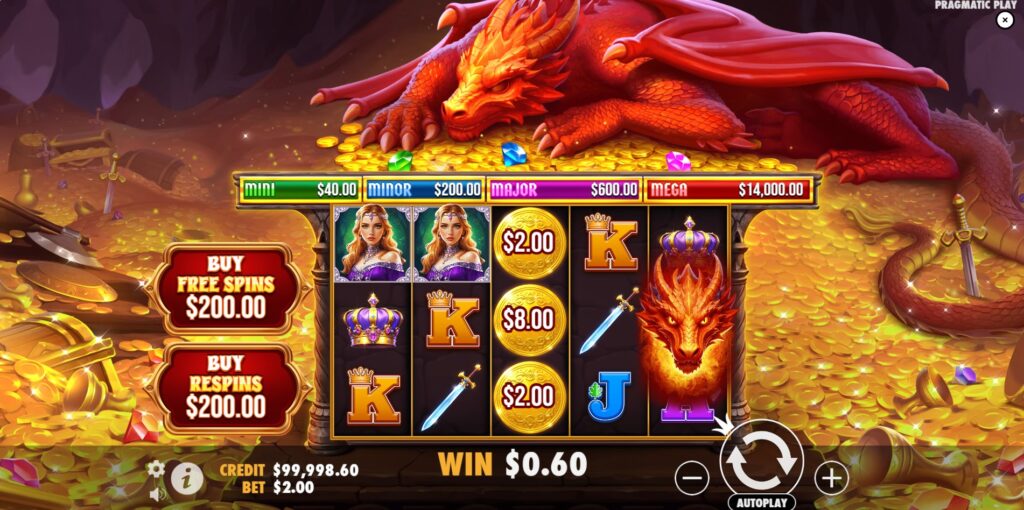 Sleeping Dragon slot base game screen showing reels and background.