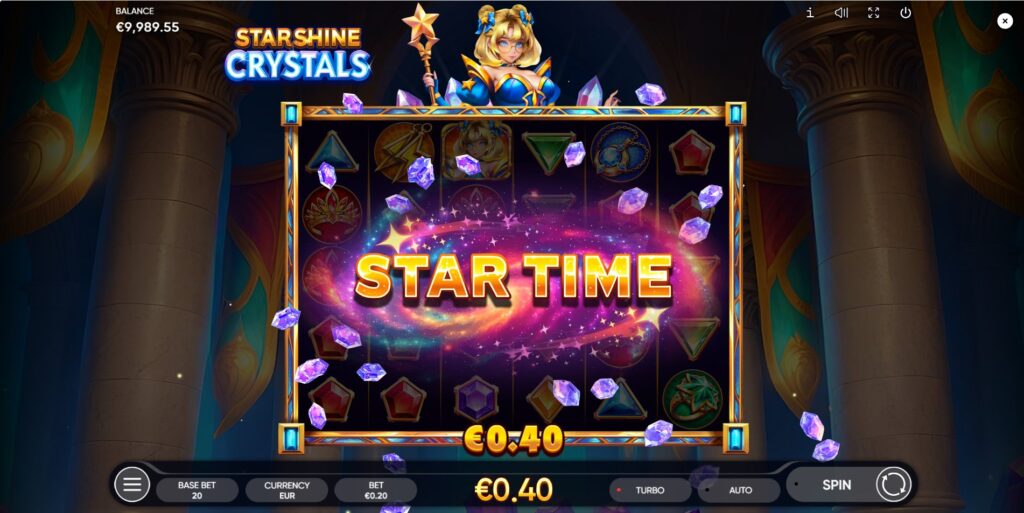 Four Magical Girl scatter symbols landing on the Starshine Crystals grid, triggering the Free Games bonus round.