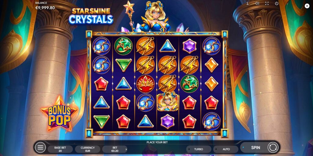 Starshine Crystals slot base game view showing the 6x5 grid layout and main symbols.