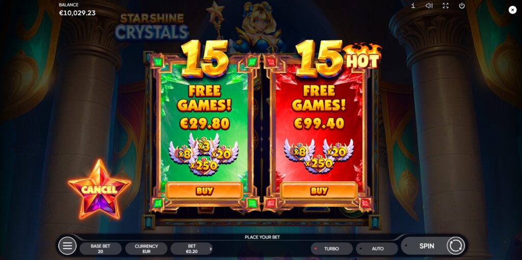 The Bonus Pop menu in Starshine Crystals, offering options to purchase standard or premium Free Games features.