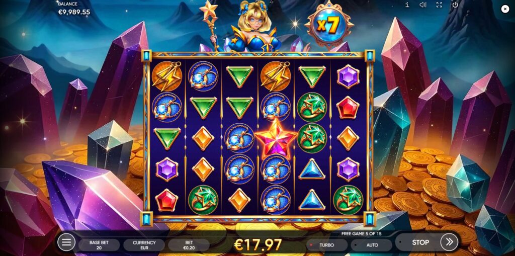 The start screen of the Starshine Crystals Free Games bonus, showing the remaining spins counter and the multiplier accumulator.