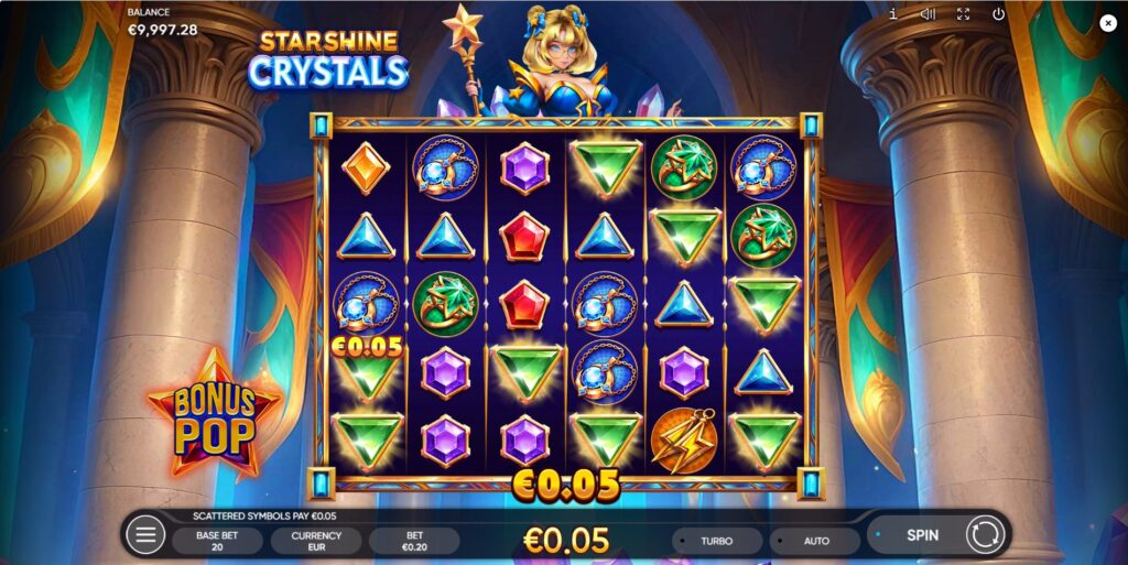 Example of a Scatter Pays win in Starshine Crystals slot with 8+ matching symbols highlighted.
