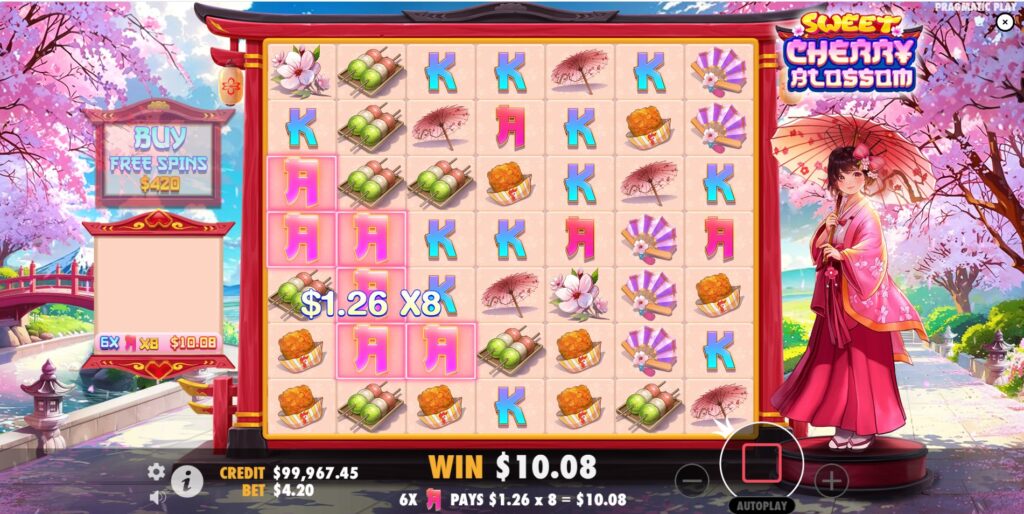 Example of a winning block of matching symbols formed on the Sweet Cherry Blossom slot grid.