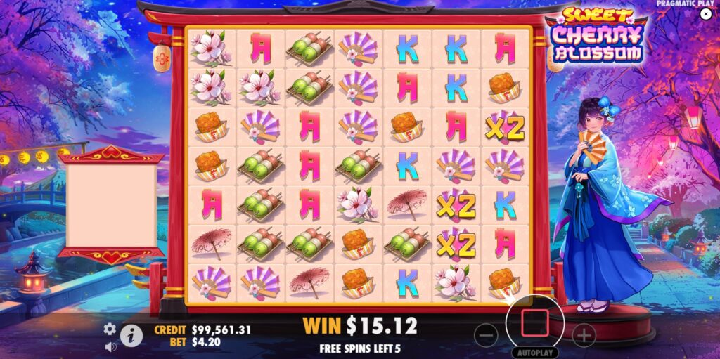 Enhanced multiplier symbols appearing frequently during a win in Sweet Cherry Blossom Free Spins.