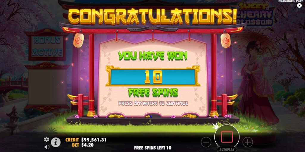 Sweet Cherry Blossom screen confirming the activation of the Free Spins bonus round.