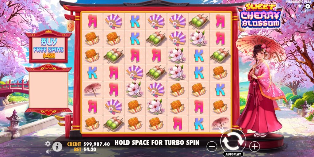 Sweet Cherry Blossom slot base game view showing the 7x7 grid, Japanese theme, and Pragmatic Play UI.
