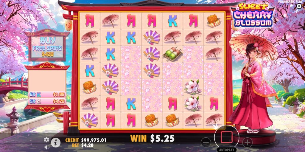 The Tumble Feature in action in Sweet Cherry Blossom, with winning symbols removed and new symbols falling.
