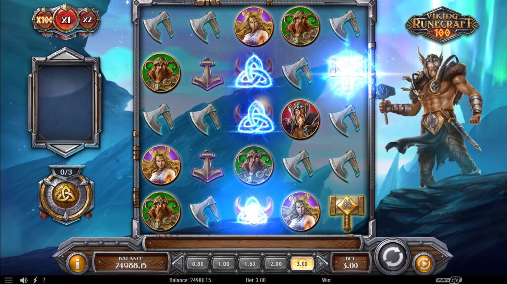Thor's Thunder God Power feature activating on the Viking Runecraft 100 slot grid.