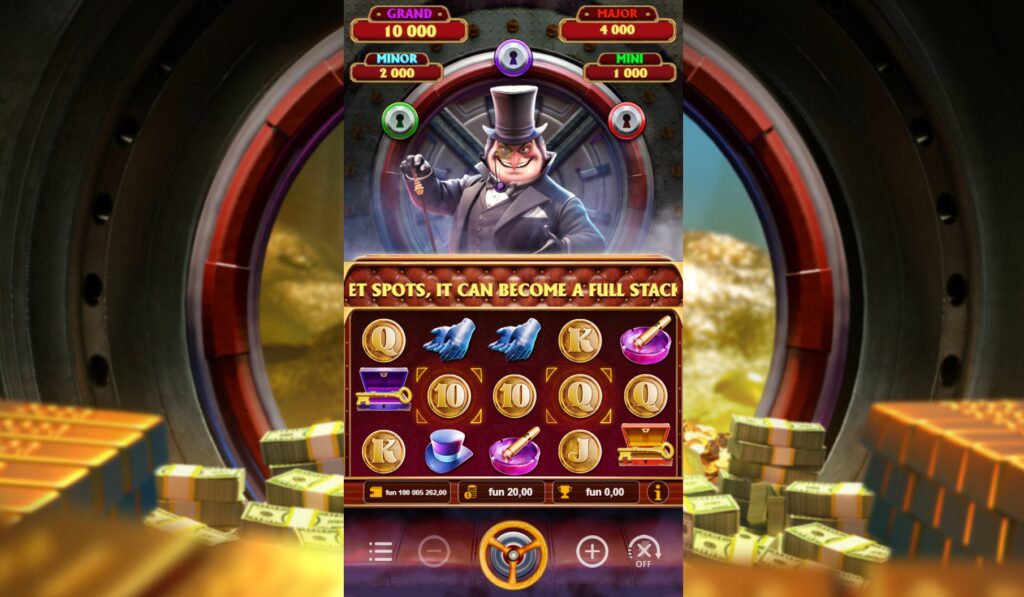 Vault of Riches slot main game interface with 5x3 reels, key collection locks, and vault theme.