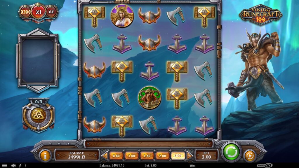 The base game grid of Viking Runecraft 100 slot, showing the Norse gods and runic symbols.