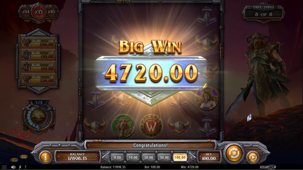 A "Big Win" screen from the Viking Runecraft 100 slot, showcasing a large payout.