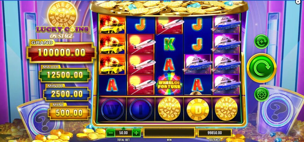 Wheel of Fortune Lucky Coins On Stage slot base game screen with 5x4 reels, WILDS collection row, and jackpot displays.