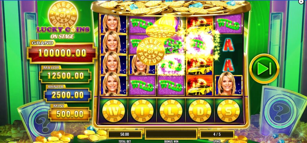 Gameplay during the Free Spins bonus round in Wheel of Fortune Lucky Coins On Stage, featuring enhanced chances for Mystery Wedges.