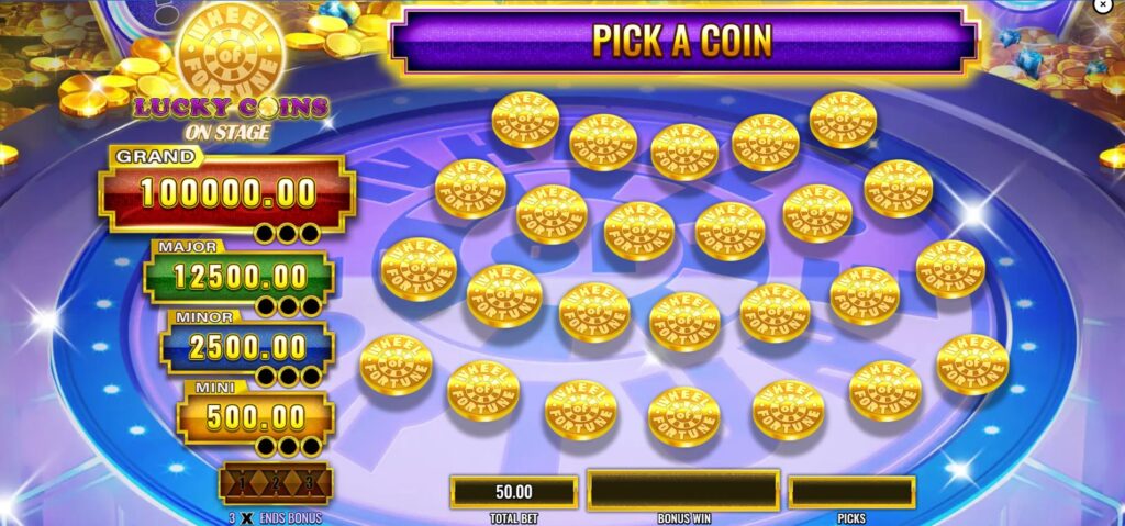The Jackpot Bonus pick screen in Wheel of Fortune Lucky Coins On Stage, presenting coins to select for prizes or jackpot segments.