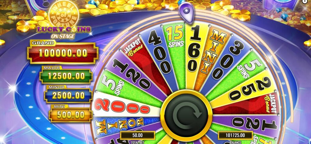 The Wheel Bonus screen in Wheel of Fortune Lucky Coins On Stage showing the iconic prize wheel.