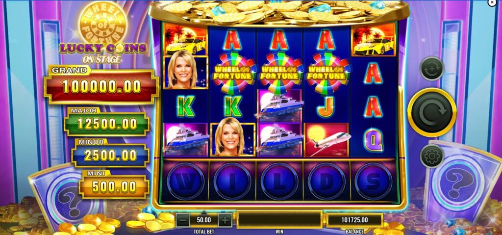 Three Wheel of Fortune Scatter symbols landing on reels 2, 3, and 4 to trigger the Wheel Bonus feature.