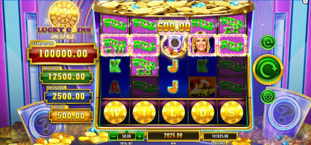  WILDS feature activated in Wheel of Fortune Lucky Coins On Stage, transforming symbols above the collected coins into Wilds.