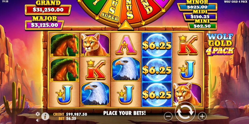 Wolf Gold 4 Pack slot base game view with a winning combination on its 25 paylines.