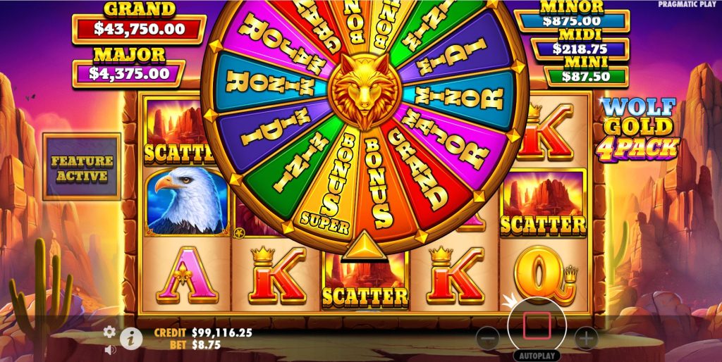 Triggering the Bonus Wheel feature with three Scatter symbols in Wolf Gold 4 Pack slot.