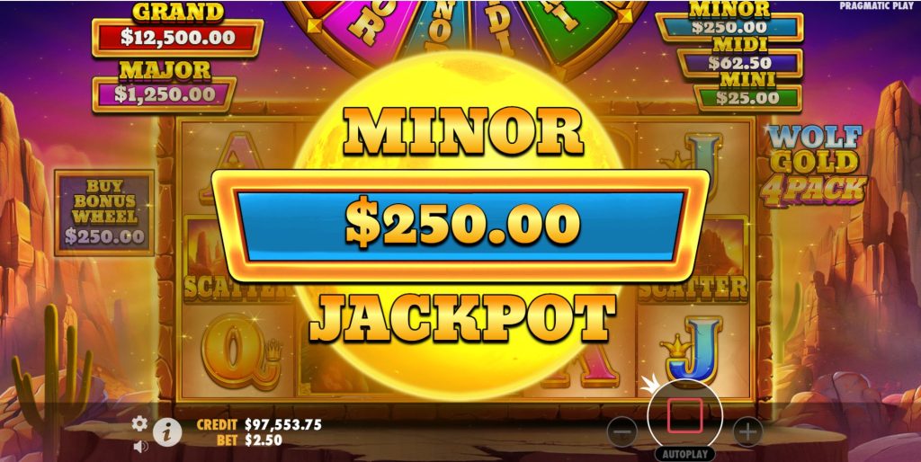 Winning the Minor Jackpot from the Bonus Wheel in the Wolf Gold 4 Pack game.