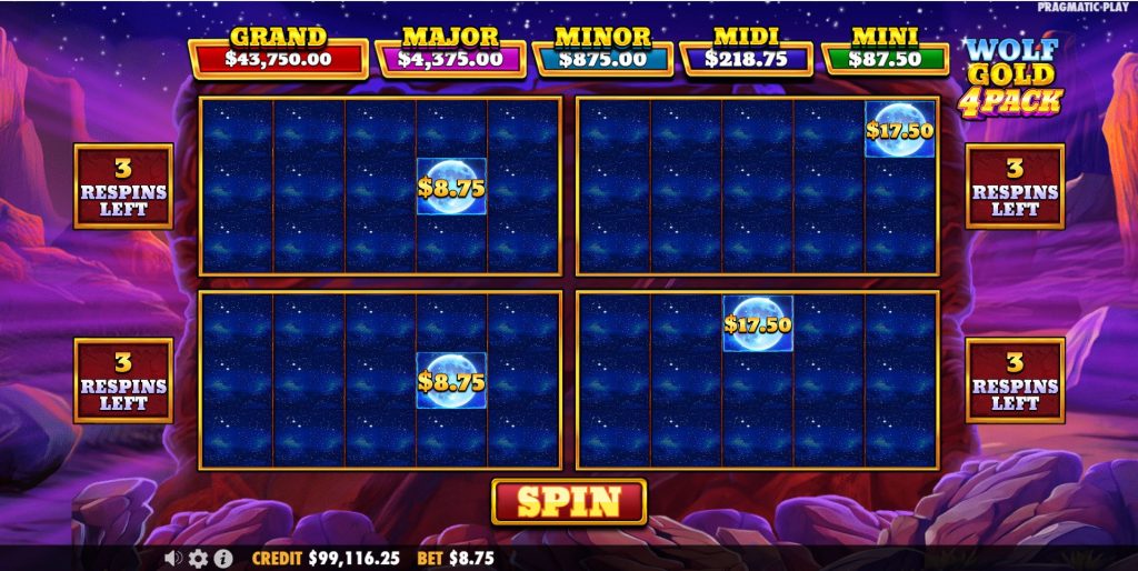All four grids are active during the Super Bonus Feature in Wolf Gold 4 Pack slot.